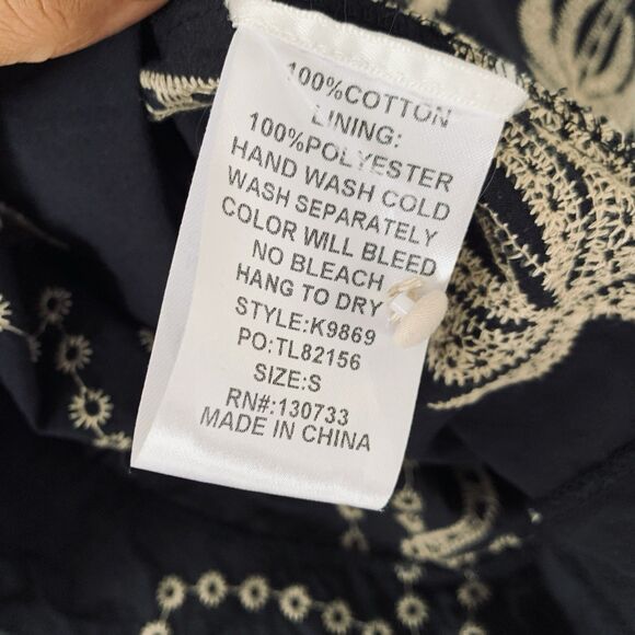 Umgee Dress Palm Tree Embroidered S Black Puff Sleeve Smocked Boho Resortwear - Picture 10 of 10